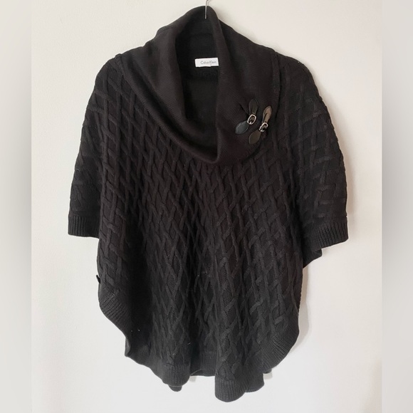 Calvin Klein Knit Buckle Poncho Turtleneck Sweater Button Detail Black Size L/XL - Picture 1 of 9